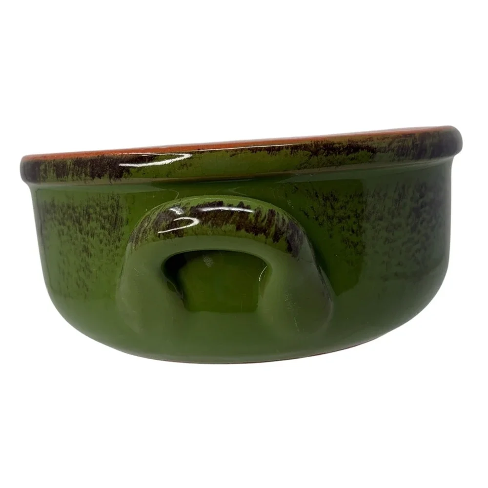 Vintage De Silva Italy Green Terracotta Soup Bowl Crock w Handles Majolica